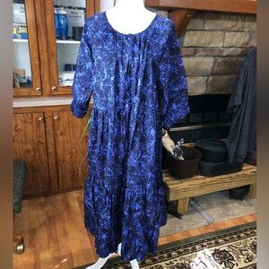 ELLOS SIZE 14/16 NAVY BLUE ON BLACK LEAF DESIGN BALLOON SLEEVE NWOT COTTAGECORE